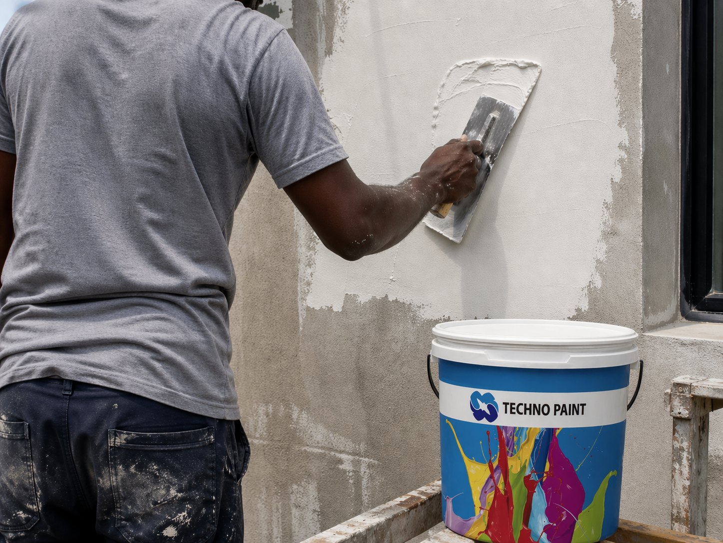 Waterproof putty filler being troweled onto a wall